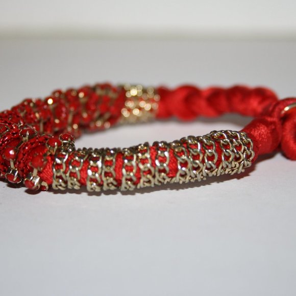 Beautiful red rope and gold bracelet with rhinestones 8" toggle - Picture 1 of 4